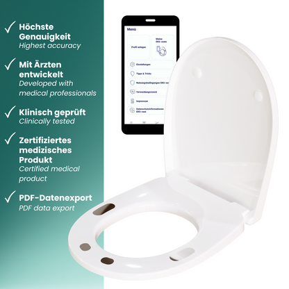 Ein Produktdatenblatt mit einer Nahaufnahme des EKG-seats. An der linken Seite des Bildes sind die Vorteile dieses klinisch geprüften Medizinproduktes aufgeführt.