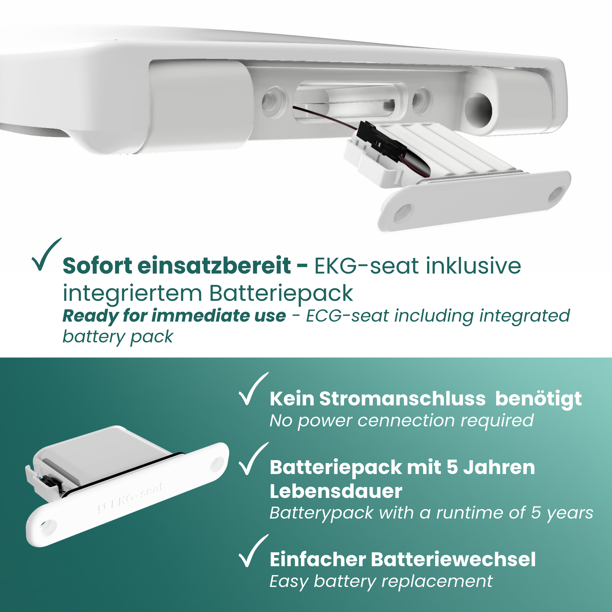 Eine Nahaufnahme des Bstteriefaches des EKG-seats.